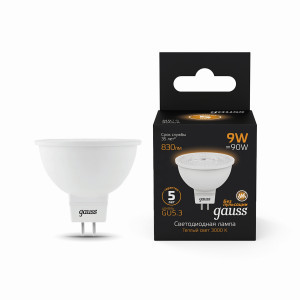 Gauss лампа MR16 GU5.3 9W(830lm) 3000K 2K 45x50 матов., пластик 101505109
