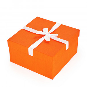 Рыжий Коробка для подарка, квадрат, 21х21х11см, с бантом, оранжевая дизайнерская бумага, арт.2