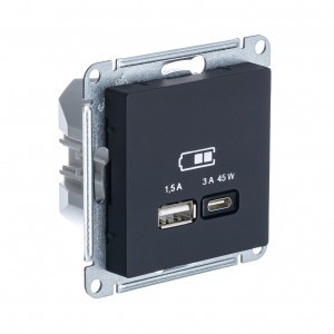 Systeme Electric AtlasDesign мех роз СУ 1 мест 2хUSB карбон A+C 45Вт l=1,5-2,25А U=5В в.зарATN001029