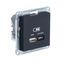 Systeme Electric AtlasDesign мех роз СУ 1 мест 2хUSB карбон A+C 45Вт l=1,5-2,25А U=5В в.зарATN001029
