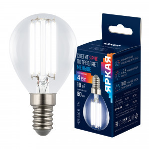 Uniel ЯРКАЯ шар G45 E14 4W(806lm 360°) 4000K 4K 45x85 прозрачная LED-G45-4W/4000K/E14/CL GLY01TR
