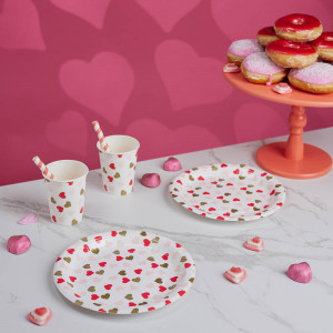 Набор тарелок бумажных, с фольгированным слоем, с сердечками, 2 цвета, красный, розовый, 20 см, 6 шт