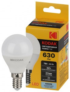 KODAK шар P45 E14 7W(630lm) 4000K 4K 80х45 170-265В P45-7W-840-E14 2 года 57612