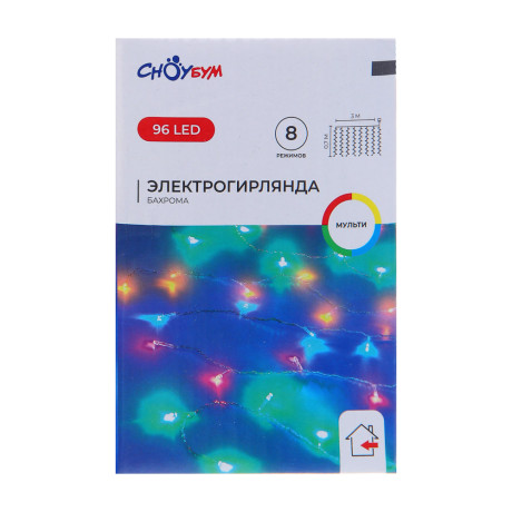 СНОУ БУМ Гирлянда эл. бахрома, 96LED, 3x0,7м, мультицвет, 8 реж, ПВХ прозр., коннектор, 220В