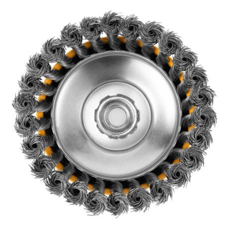 Щетка для УШМ, 125 мм, "Чашка", крученая нержавеющая проволока 0.5 мм, М14 Denzel