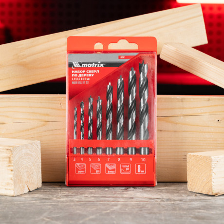 Набор сверл по дереву, 3-4-5-6-7-8-9-10 мм, 8 шт, цилиндрический хвостовиковик, пластиковый кейс, Matrix