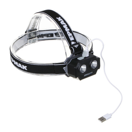 Фонарь налобный тм ЕРМАК, 2 P30 LED +3 SMD, 5 режимов, 1200мАч, 7,2х4,8х4см, USB кабель, пластик