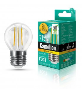 Camelion Шар G45 E27 7W(715lm) 3000K 2K филамент 77x45 LED7-G45-FL/830/E27 (10!)