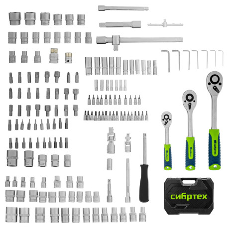 Набор инструментов, 1/2", 3/8", 1/4", пластиковый кейс 172 предм. Сибртех