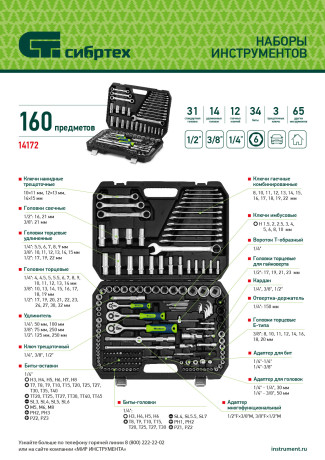 Набор инструментов, 1/2", 3/8", 1/4", пластиковый кейс 172 предм. Сибртех