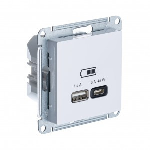 Systeme Electric AtlasDesign мех роз СУ 1 мест 2хUSB бел A+C 45Вт l=1,5-2,25А Uв=5В выс зарATN000129