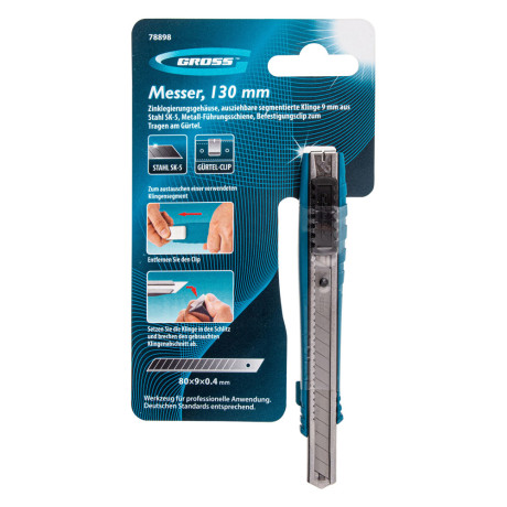 Нож, 130 мм, металлический корпус, выдвижное сегментное лезвие 9 мм (SK-5) металлическая направляющая, клипса для ремня Gross