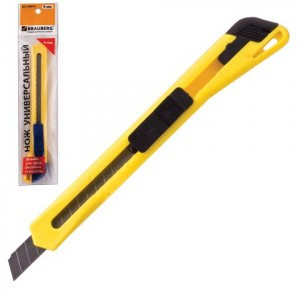 Нож канц. BRAUBERG 9мм, фиксатор, цв.корп. ассорти, упак. с европодвесом, 230914