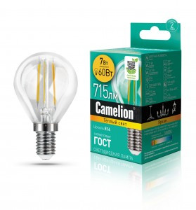 Camelion Шар G45 E14 7W(715lm) 3000K 2K филамент 77x45 LED7-G45-FL/830/E14 (10!)