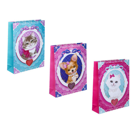 Пакет подарочный бумажный, XXL 32x40x10 см, 128 гр, 3 дизайна, питомцы