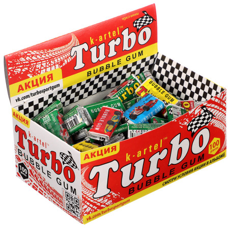 Жевательная резинка Турбо, ассорти со вкусами дыни, апельсина, персика и яблока, с наклейкой, 4,5гр