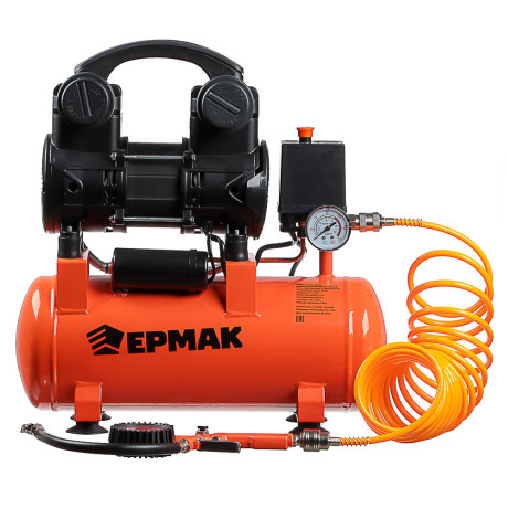 ЕРМАК Компрессор пневматический безмасляный 10л с пистолетом и шлангом 5м