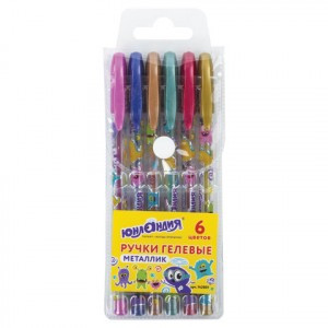 Ручки гелевые ЮНЛАНДИЯ, НАБОР 6 шт., АССОРТИ МЕТАЛЛИК, с печатью, узел 0,7 мм, линия письма 0,5 мм,