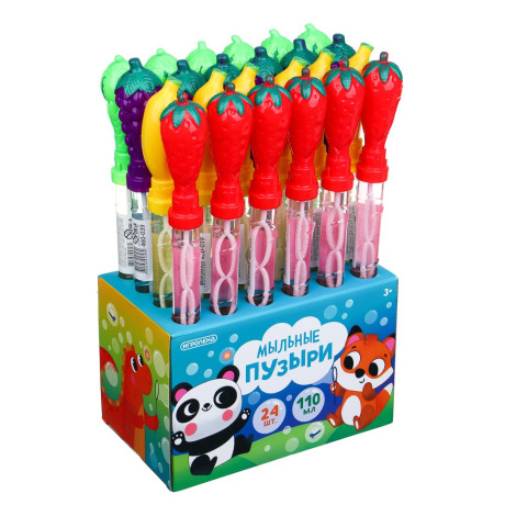 ИГРОЛЕНД Мыльные пузыри с ручкой "Фруктики", PP,PET,PVC, 110мл., мыльный р-р, 37,5х4х4см, 4 дизайна