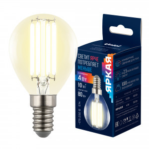 Uniel ЯРКАЯ шар G45 E14 4W(806lm 360°) 3000K 2K 45x85 прозрачная LED-G45-4W/3000K/E14/CL GLY01TR