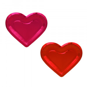 Набор бумажных тарелок с фольгированных в форме сердца, 27x25 см, 2 цвета, красный, розовый, 6 шт