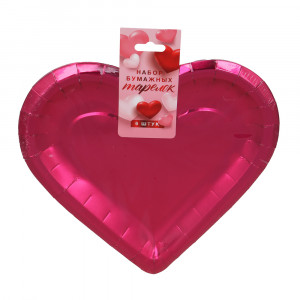 Набор бумажных тарелок с фольгированных в форме сердца, 27x25 см, 2 цвета, красный, розовый, 6 шт