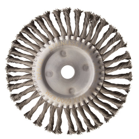 Щетка для УШМ, 200 мм, "Плоская", крученая нержавеющая проволока 0.5 мм, посадка 22.2 мм Denzel