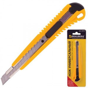 Нож универсальный BRAUBERG  9мм, автофиксатор, цв.корп. ассорти, блистер, 230916