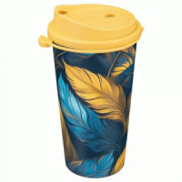 Стакан с крышкой "перья" 550мл, декор, черный, пластик 435254113 Бытпласт