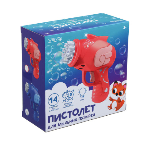 ИГРОЛЕНД Пистолет для выдувания мыльных пузырей, PP, 3хАА, 50мл., мыльный р-р, 15х6,6х14,5см, 3 диз.