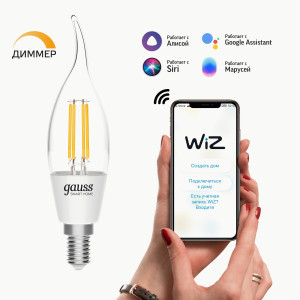 Gauss Filament Свеча на ветру СF35 E14 димм. 4.5W(470lm) 2K прозр. филам(нитевид) Wi-Fi Smart Home