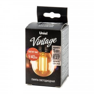 Uniel Vintage Шар G45 E27 5W(420lm) 2250K 2K филамент золотистая 72x45 LED-G45-5W/GOLDEN/E27 GLV21GO