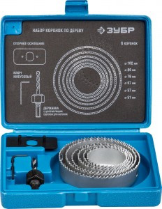 Набор ЗУБР "ЭКСПЕРТ" Коронки по дереву 51-102мм, державка с опорным основанием, имбусовый ключ 2,5м,