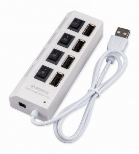 Разветвитель USB2.0 Gembird, 4хUSB, с доп.питанием, подсв и выкл, кабель USB 55см, белый, короб