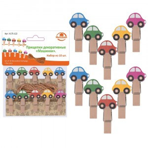 Прищепки декоративные "Машинки", 10шт/уп, цена за уп (кратность 6шт!!!) дерево VL75-122 Мультидом