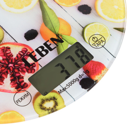 LEBEN Весы кухонные электронные, стекло с дизайном, круг, макс.нагр. 5кг (точн.измер. 1гр)