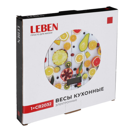 LEBEN Весы кухонные электронные, стекло с дизайном, круг, макс.нагр. 5кг (точн.измер. 1гр)