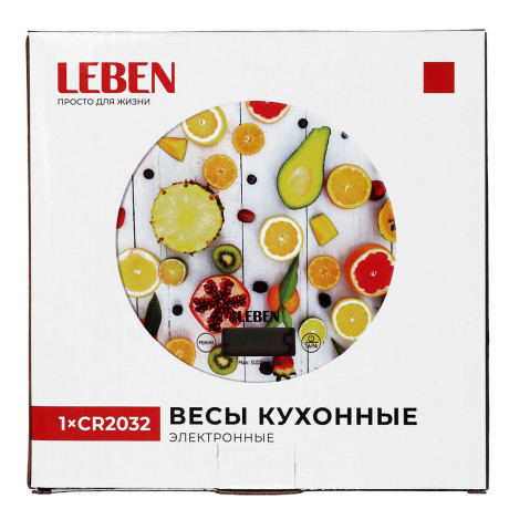 LEBEN Весы кухонные электронные, стекло с дизайном, круг, макс.нагр. 5кг (точн.измер. 1гр)