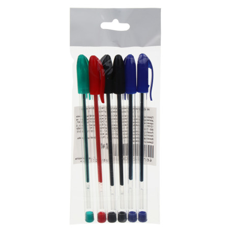 Набор ручек гелевых 6 штук (2 синие, 2 черные, 1 красная, 1 зеленая) в пакете, наконечник 0,6 мм