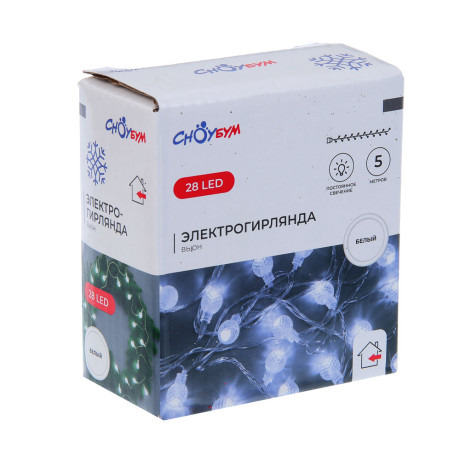 СНОУ БУМ Гирлянда эл. вьюн 5м, 28LED, белый, постоянное свечение, ПВХ прозрачный, 220В