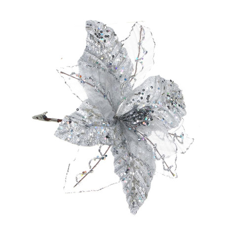 СНОУ БУМ Пуансетия 20 см на прищепке (9 лепестков), глиттер, металл, полиэстер, 26-524