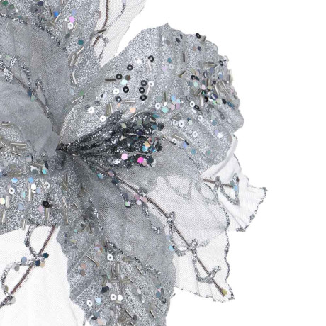 СНОУ БУМ Пуансетия 20 см на прищепке (9 лепестков), глиттер, металл, полиэстер, 26-524