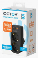 ФОТОН разветвитель 2роз. 16A 1xUSB-A(18Вт) + 1xUSB-C(20Вт) 3A земля, черный, быстрая зарядка 26138