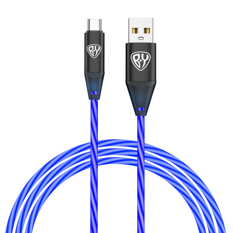 BY Кабель для зарядки Светящийся Type-C, 1м, 2.4А, Быстрая зарядка, подсв. синяя, Герои, ПЕРЕСВЕТ