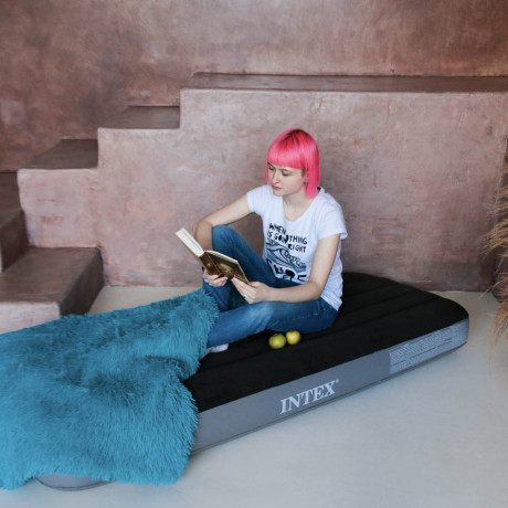 INTEX Матрас надувной DOWNY AIRBED, встроенный ножной насос, 191x76x25см, до 136кг, 64760