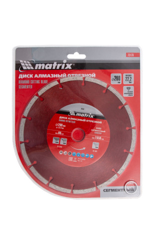 Диск алмазный, отрезной сегментный, 200 х 22.2 мм, сухая резка Matrix Professional