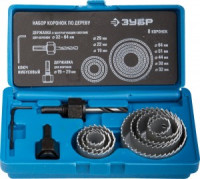 Набор ЗУБР "ЭКСПЕРТ" Коронки по дереву 19-64мм, державка 19-30мм, державка с опорн. основан., ключ и