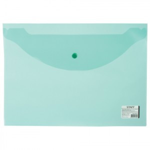 Папка-конверт с кнопкой STAFF, А4, 340х240 мм, прозрачная, зеленая, до 100л., 0,12 мм, 225171