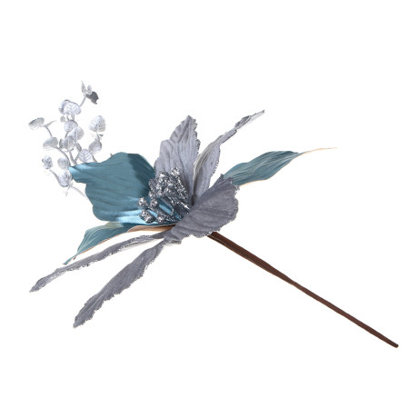 СНОУ БУМ Цветок декоративный на ветке 36x24 см, полиэстер, металл, серебро