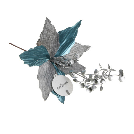 СНОУ БУМ Цветок декоративный на ветке 36x24 см, полиэстер, металл, серебро